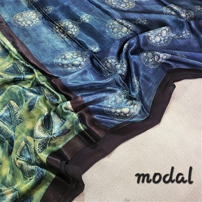 Sapphire Blooms Floral Modal Silk Saree with Earthy Leaf Designs