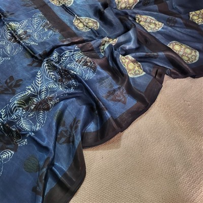 Royal Blue Floral Elegance Silk Saree with Earthy Tones