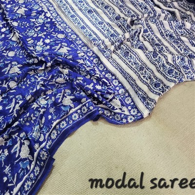Indigo Bloom Floral Modal Silk Saree with Artisan Crafted Elegance