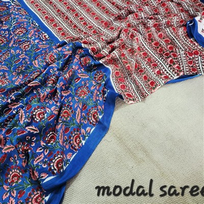 Crimson Floral Symphony Modal Silk Saree with Azure Accents