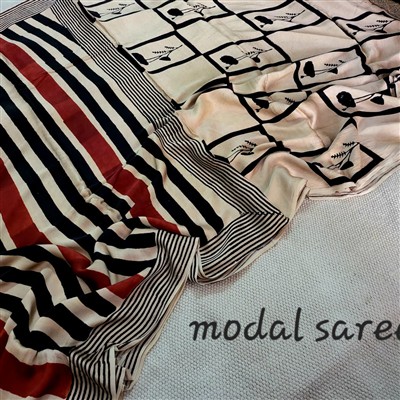 Crimson Floral Grid Modal Silk Saree with Black Stripes