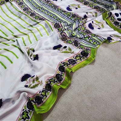 Emerald Meadow Geometric Modal Silk Saree - Handblock Crafted Elegance