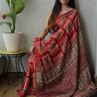 Crimson Geometric Bloom Modal Silk Saree