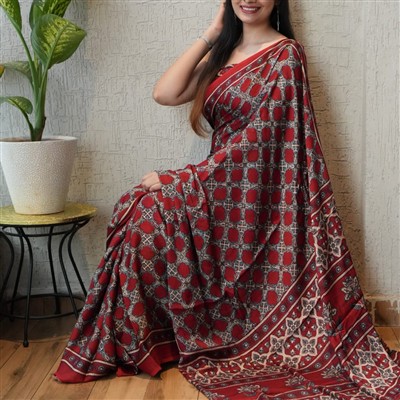 Crimson Blossom Geometric Modal Silk Saree with Floral Border