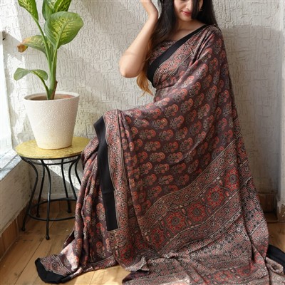 Rustic Red Floral Vine Modal Silk Saree