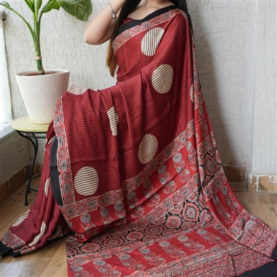 Crimson Circles and Floral Symphony Modal Silk Saree