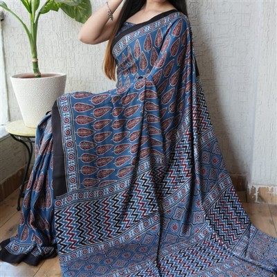 Ocean Blue Zigzag Leaf Modal Silk Saree with Floral Border