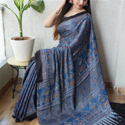 Indigo Blossom Modal Silk Saree with Floral Symphony