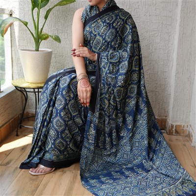 Navy Dream Floral Geometric Modal Silk Saree