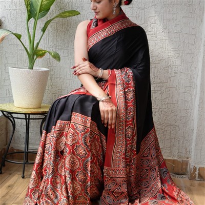 Ruby Red Geometric Beige Block Print Modal Silk Saree