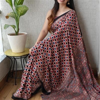 Midnight Maroon Geometric Modal Silk Saree with Traditional Motifs