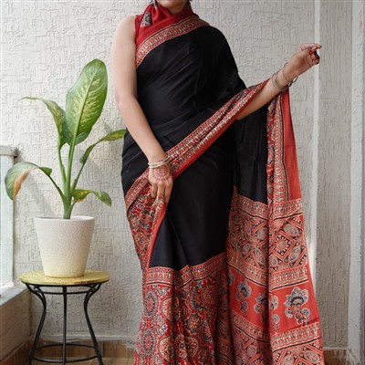 Scarlet Red Geometric Elegance Modal Silk Saree