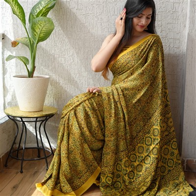 Mustard Green Geometric Harmony Modal Silk Saree