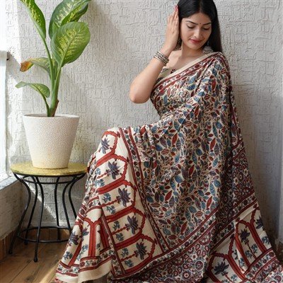 Ivory Blossom Geometric Modal Silk Saree