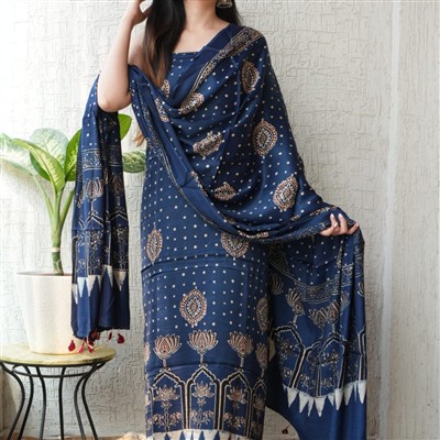 Navy Blue Beige Geometric Ajrakh Modal Salwar Kameez Set