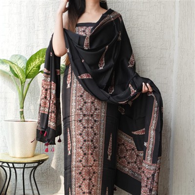 Rustic Brown Ajrakh Motif Modal Suit Ensemble