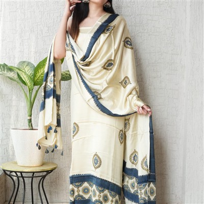 Gold and Blue Ajrakh Motif Modal Suit Set for Festive Elegance