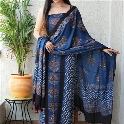 Sapphire Charm Ajrakh Modal Suit Set with Earthy Motifs and Soft Cotton Blend