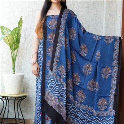 Indigo Serenity Modal Suit Set with Elegant Floral and Geometric Patterns in Soft Cotton Blend