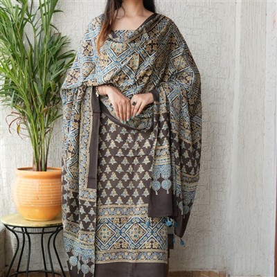 Beige Azure Ajrakh Modal Suit Set with Floral Geometric Patterns in Cotton Blend