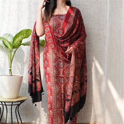 Crimson Blossom Ajrakh Modal Suit Set with Floral Geometry