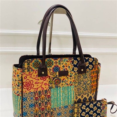 Sunshine Mosaic Cotton Block Print Handbag with Coordinating Pouch