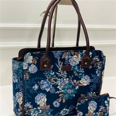 Navy Blue Floral Elegance Nylon Tote Bag Set
