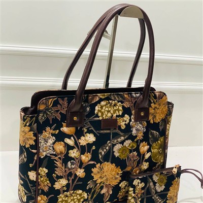 Golden Blooms on Black Cotton Handbag with Petite Pouch