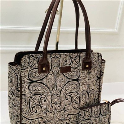 Beige and Black Paisley Floral Tote Bag Set in Woven Fabric
