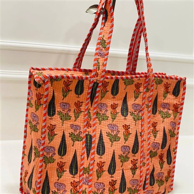 Sunset Garden Quilted Cotton Tote Bag with Striped Handles
