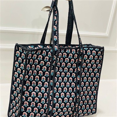 Teal Pink Floral Block Print Quilted Cotton Tote Bag
