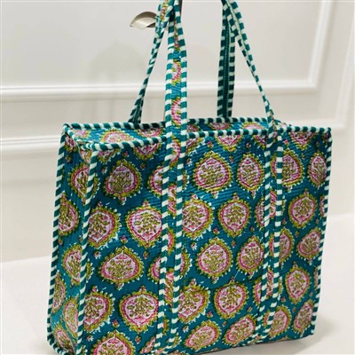 Teal Blossom Quilted Cotton Tote Artistry