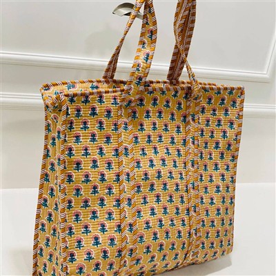 Mustard Meadow Quilted Cotton Tote Bag with Floral Splendor