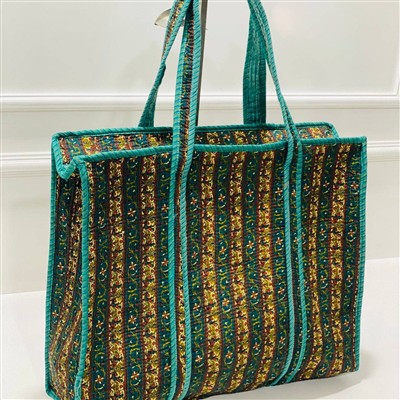 Teal and Yellow Floral Quilted Cotton Tote Bag with Intricate Patterns