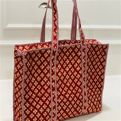 Rustic Maroon Floral Block Print Quilted Cotton Tote Bag