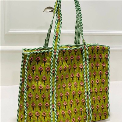 Olive Green Floral Quilted Cotton Tote Bag with Striped Accents