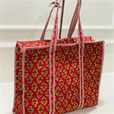 Pink Floral Quilted Cotton Tote Bag with Striped Accenting Craftsmanship