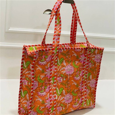 Tangerine Blossom Quilted Fabric Tote Bag with Striped Handles