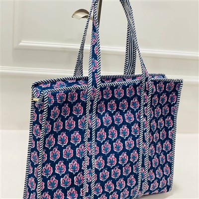 Navy Blue Floral Bliss Quilted Fabric Tote Bag with Striped Charm