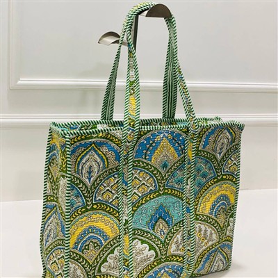 Sage Green Botanical Quilted Cotton Tote Bag with Striped Handles