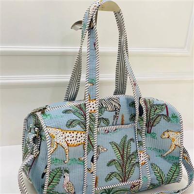 Azure Jungle Quilted Cotton Duffle Bag with Striped Handles