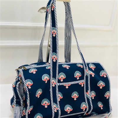 Indigo Fan Motif Quilted Cotton Duffle Bag