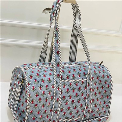 Azure Blossom Floral Quilted Cotton Duffle Bag