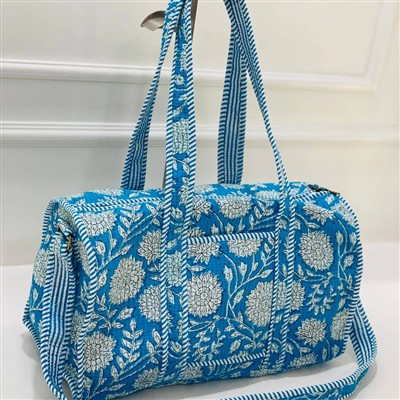 Azure Sky Floral Quilted Cotton Handbag with Striped Accents