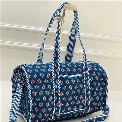 Crimson Bloom Quilted Cotton Duffle Bag with Striped Accents