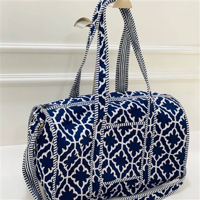Navy Geometric Floral Quilted Duffle Bag in Soft Cotton Blend