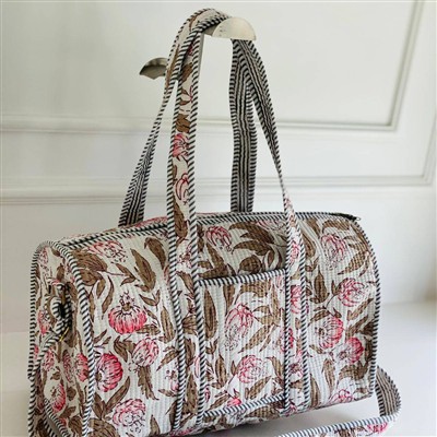 Rose Garden Quilted Cotton Duffle Bag with Striped Accents