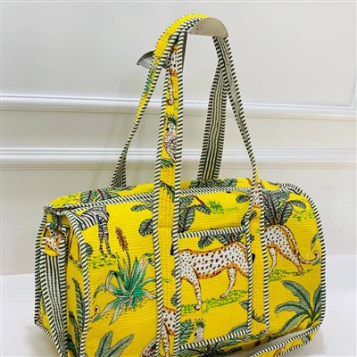 Sunshine Jungle Quilted Cotton Duffle Bag with Striped Handles