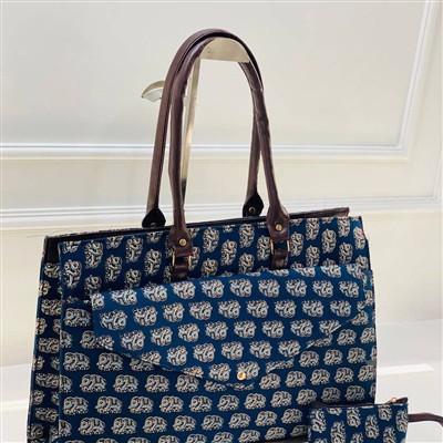 Indigo Elephant Parade Cotton Tote Bag and Pouch Set