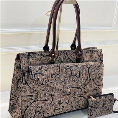 Beige Paisley Charm Fabric Handbag Set with Matching Small Pouch